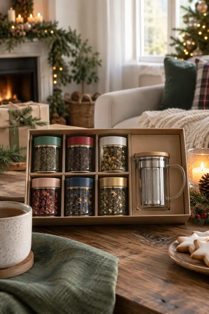 Kraft gift box with six small tea tins with colored lids and a glass infuser mug
