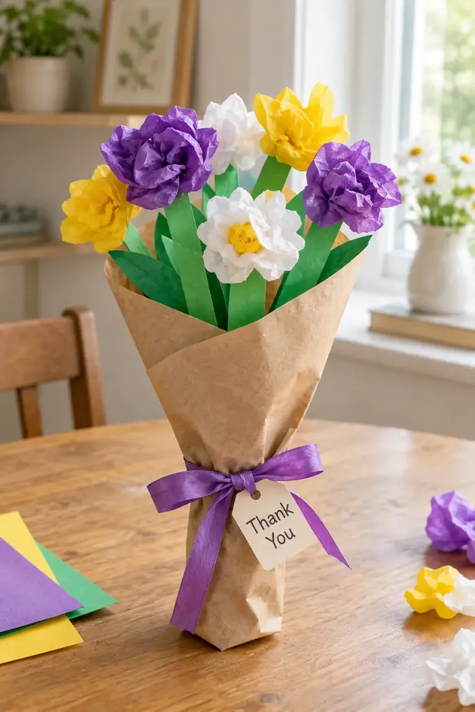 Tissue paper flower bouquet in purple, yellow and white wrapped in a kraft cone with a Thank You tag