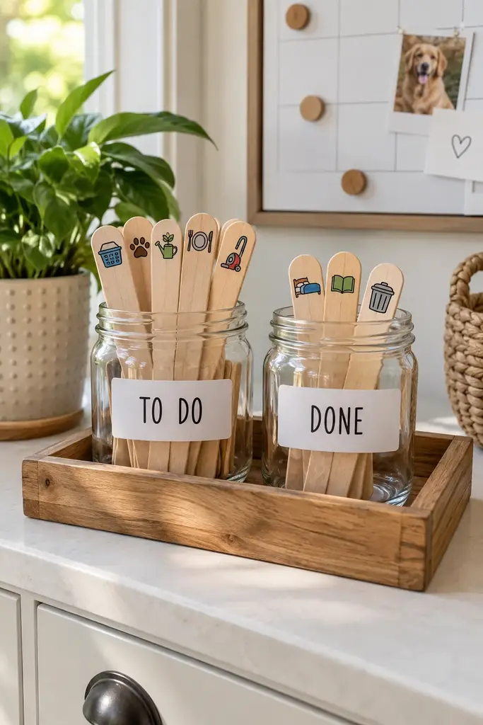 Two matching chore jars labeled TO DO and DONE in a wooden tray with natural wood sticks