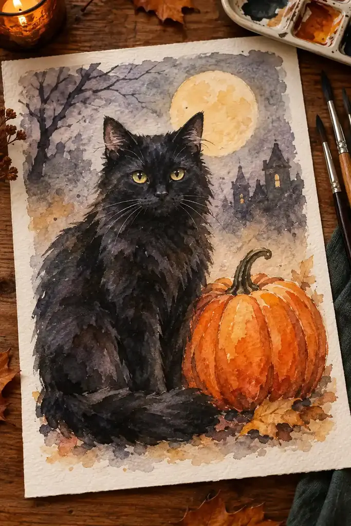 Watercolor painting of a black cat beside an orange pumpkin with soft wet fur edges