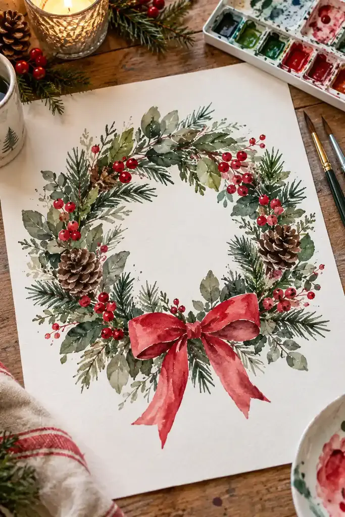 A round wreath combines pine needles, broad leaves, berries and pinecones
