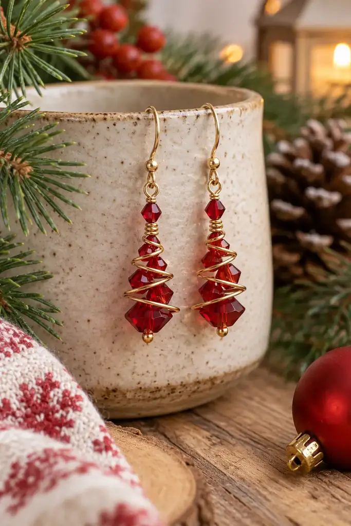 Wire wrapped red crystal earrings
