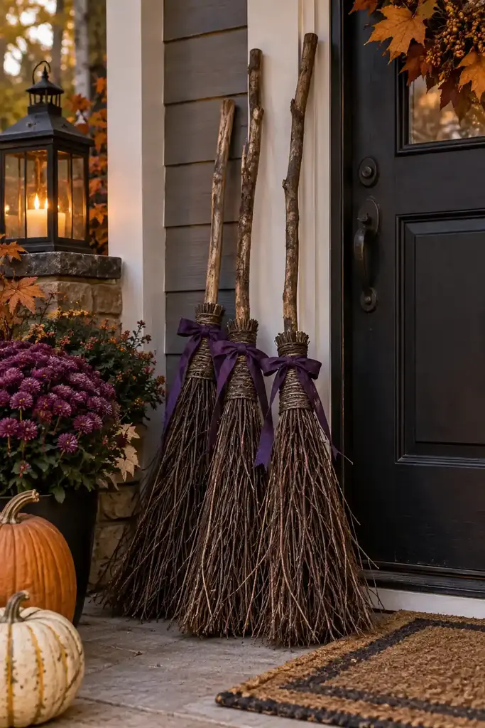 Three rustic handmade twig broomsticks tied with purple ribbon leaning beside a porch door