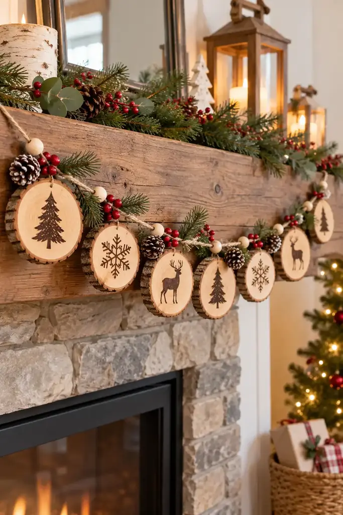 Wood slice garland on a mantel