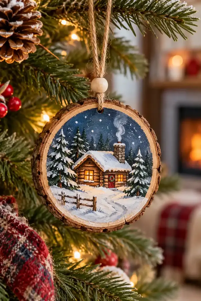 Wood slice painted cabin ornament