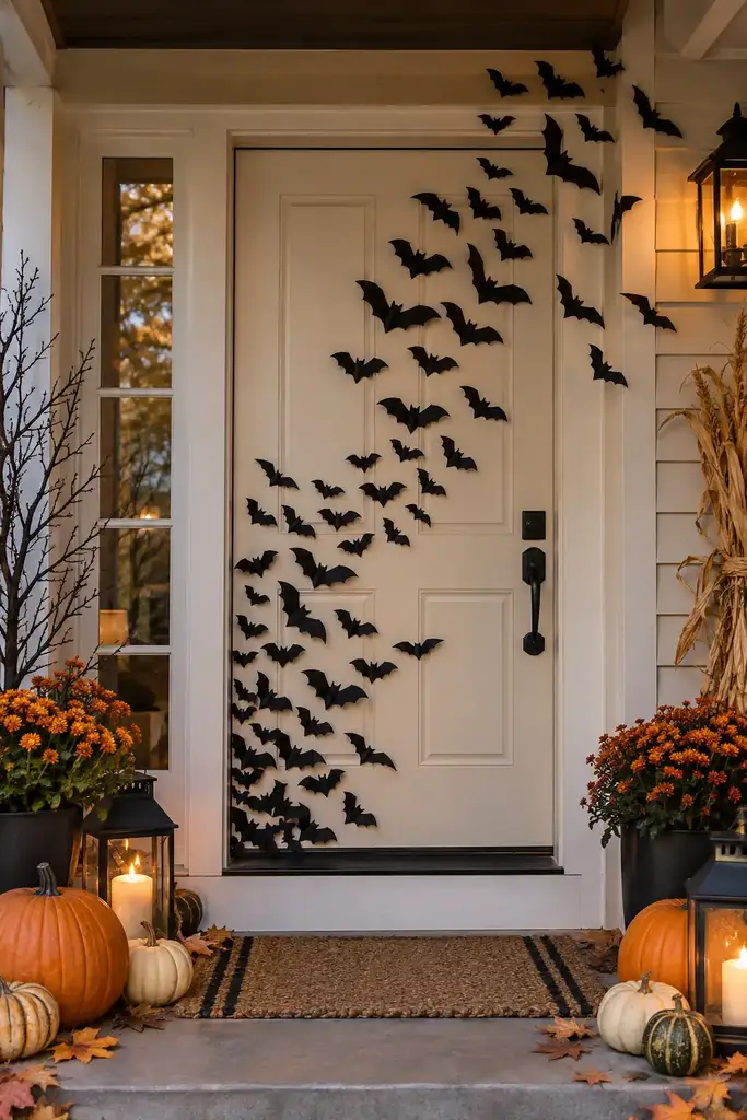 Cream front door decorated with a swirling swarm of handmade black paper bats