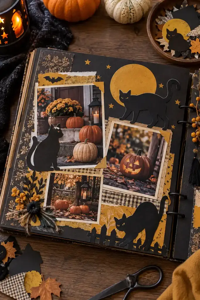 Halloween scrapbook page with black cat die cuts, mustard accents and pumpkin photos