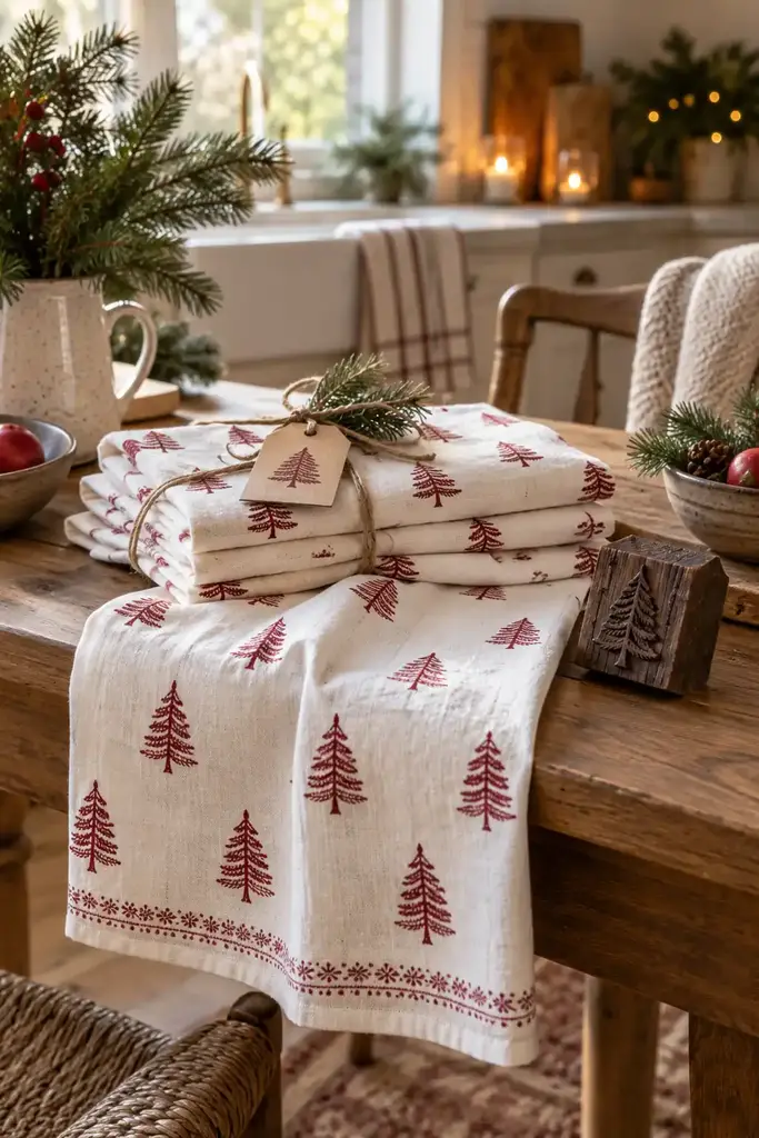 White cotton tea towels block printed with red pine tree motifs beside a carved printing block