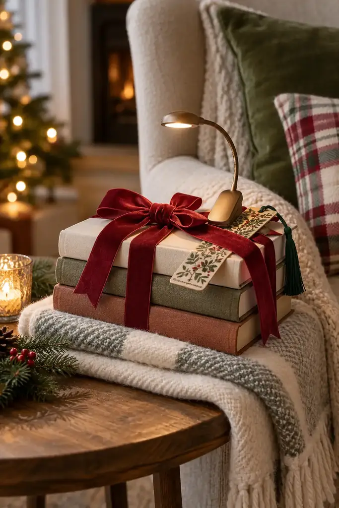 Three hardcover books tied with a red ribbon and a gift tag beside a reading lamp and knit throw