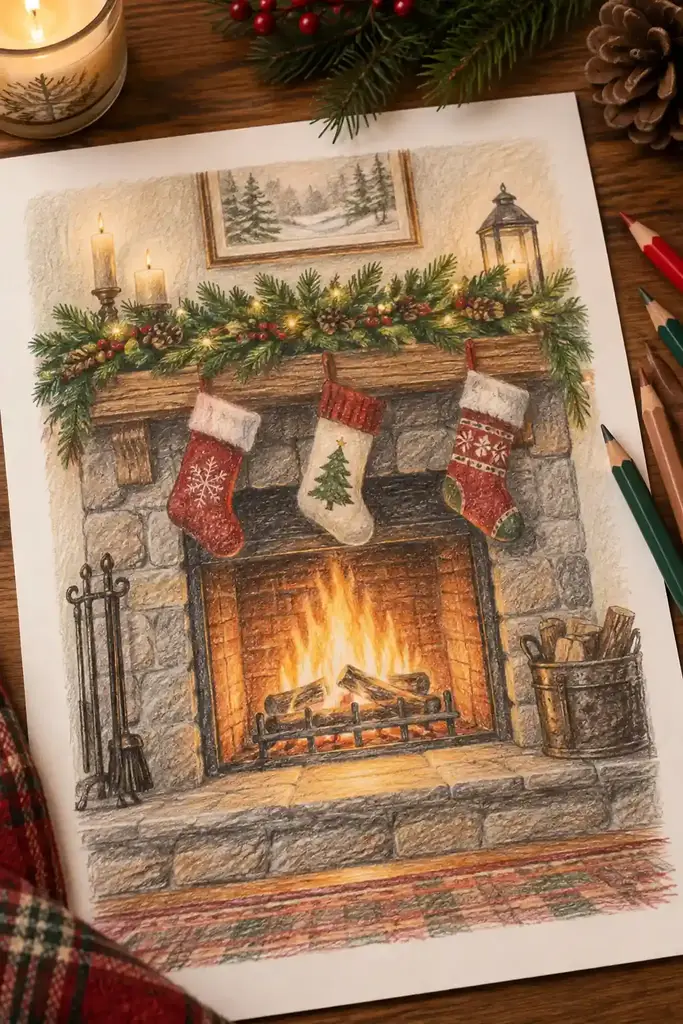 Three stockings hang beneath a mantel covered with greenery