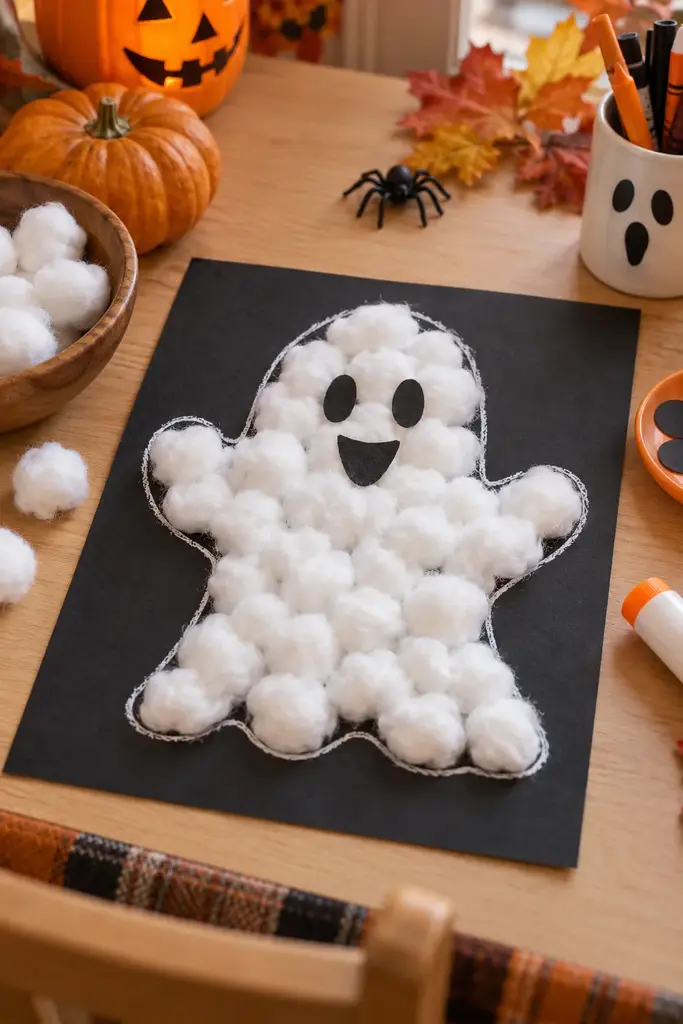 Ghost outline filled with cotton balls on black cardstock on a preschool table