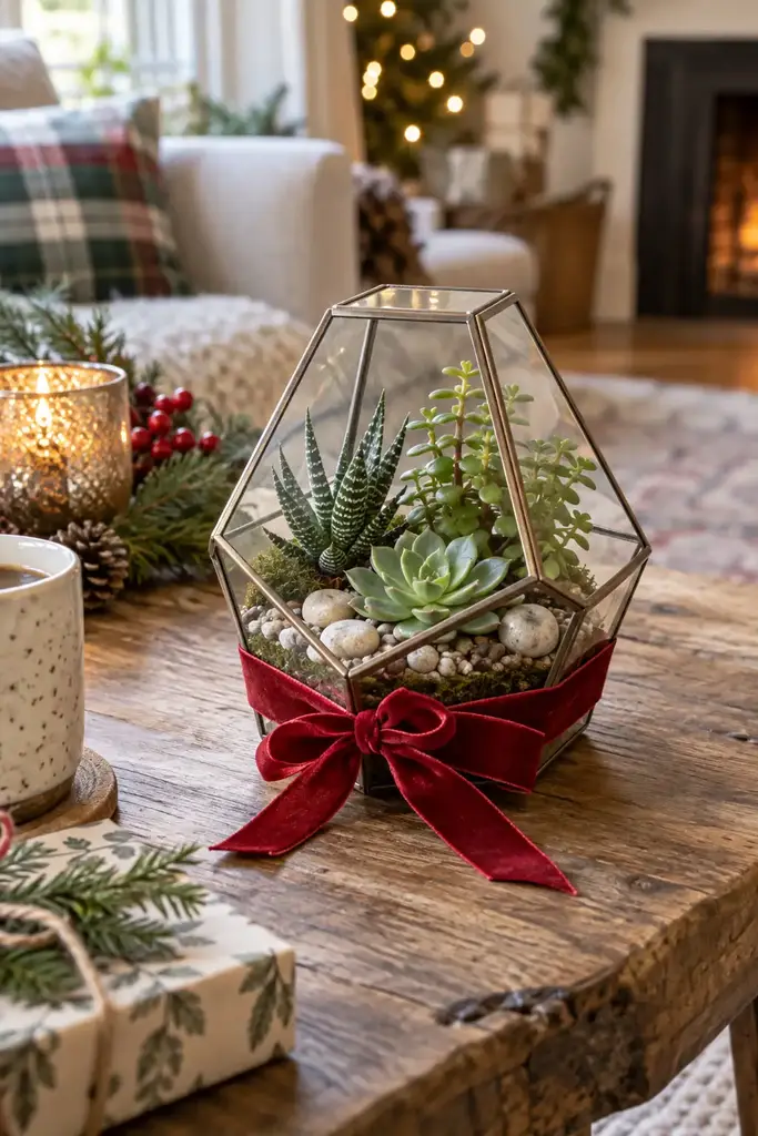 Geometric glass terrarium with succulents and white pebbles tied with a red velvet bow