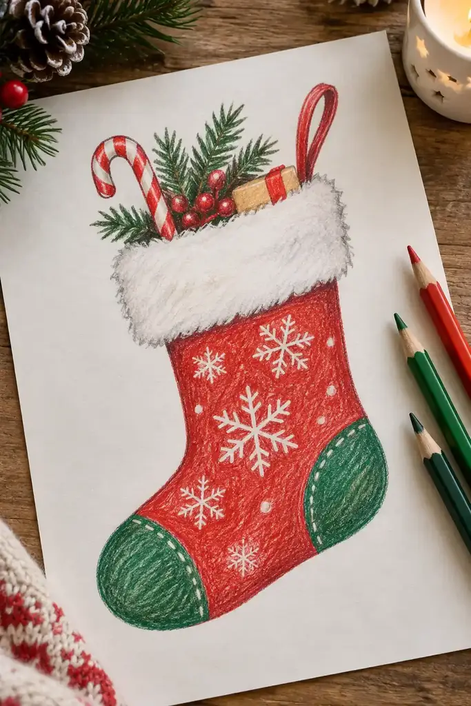 A red stocking has a green heel and toe beneath a broad white cuff