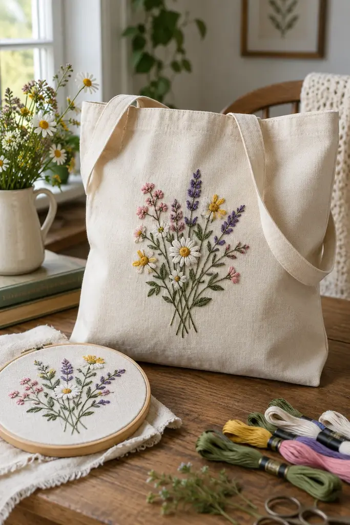 Hand embroidered cream canvas tote bag with a colorful wildflower cluster and an embroidery hoop beside it