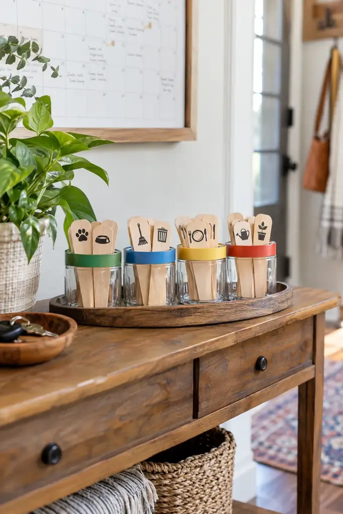 Four small chore jars with different colored bands and matching sticks on an entryway console