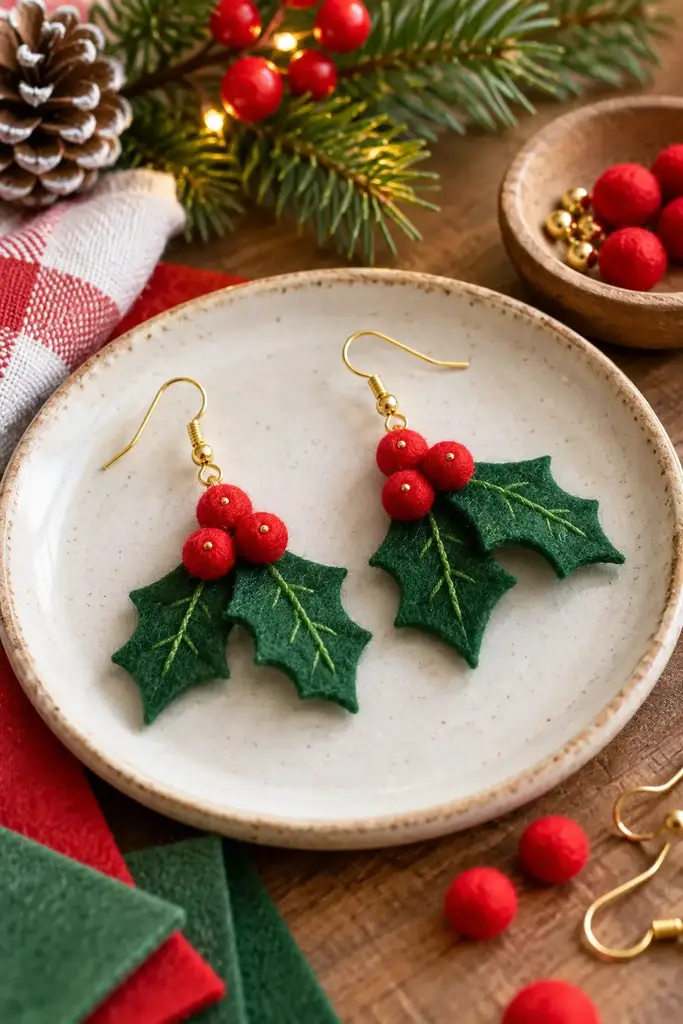 Felt holly leaf earrings