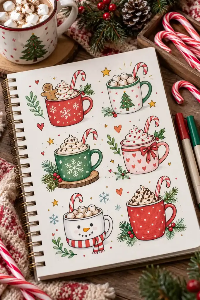 Hot cocoa mug and candy cane Christmas doodles