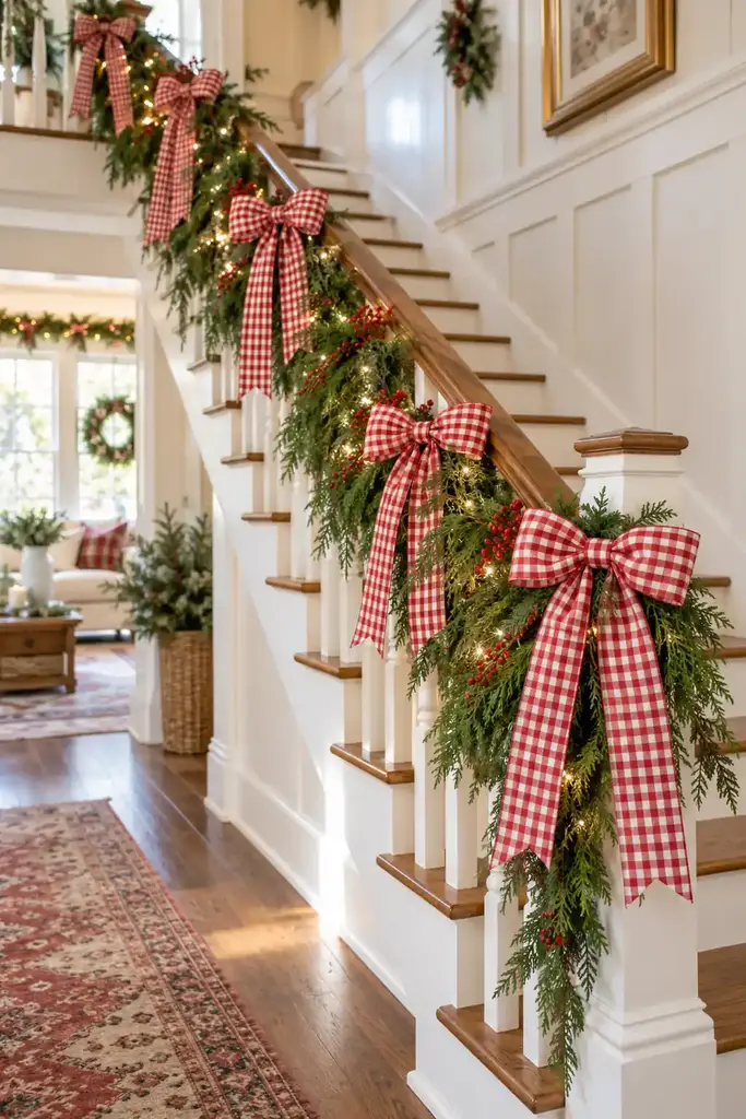 Gingham bows on a staircase garland