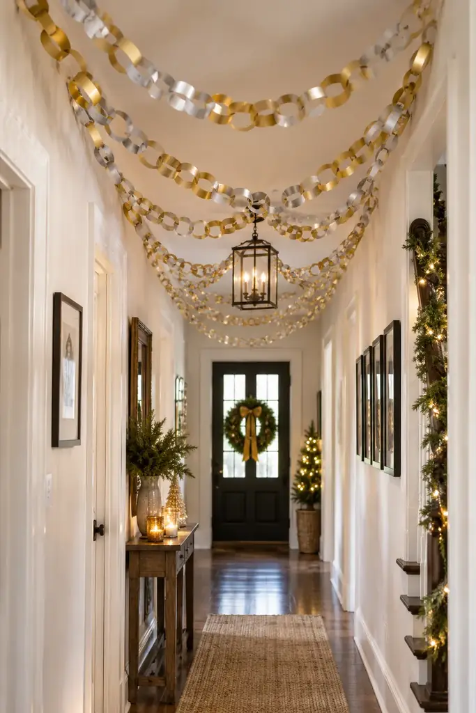 Metallic paper chains cross a hallway in repeated curves