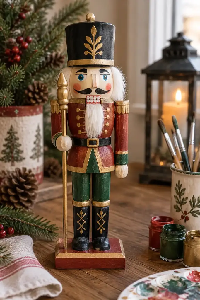 A wooden nutcracker has a red jacket, dark green trousers and gold trim