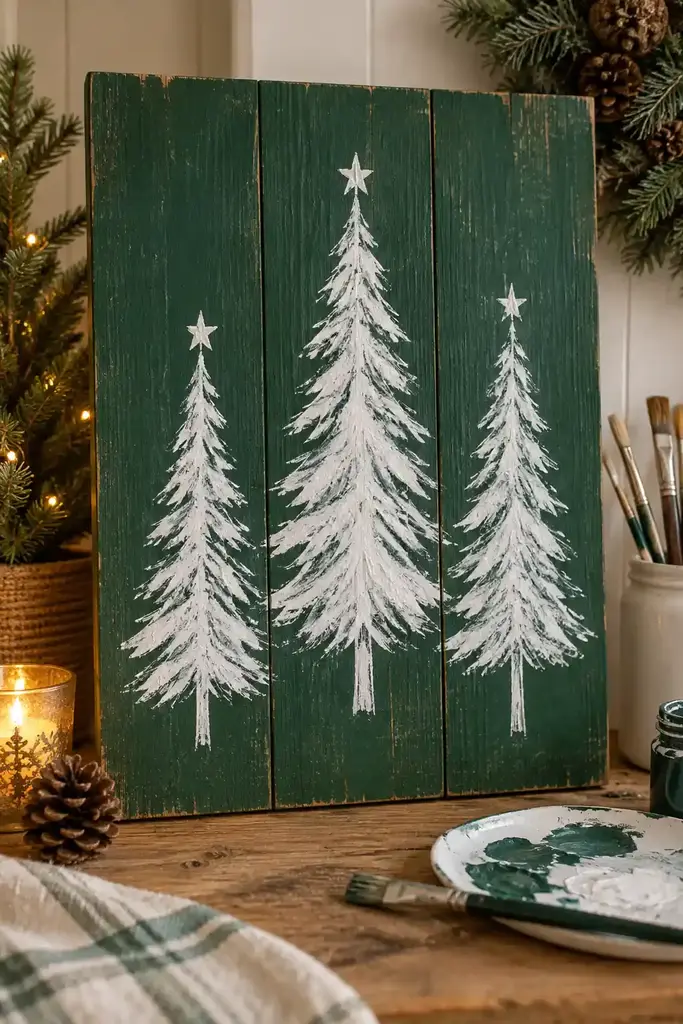 Three white trees stretch upward across a dark green wooden panel