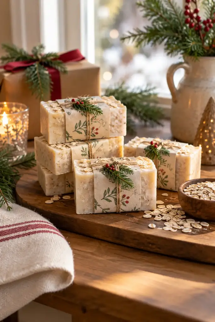 Handmade cream oatmeal soap bars wrapped in holly print paper bands with pine sprigs on a wooden board