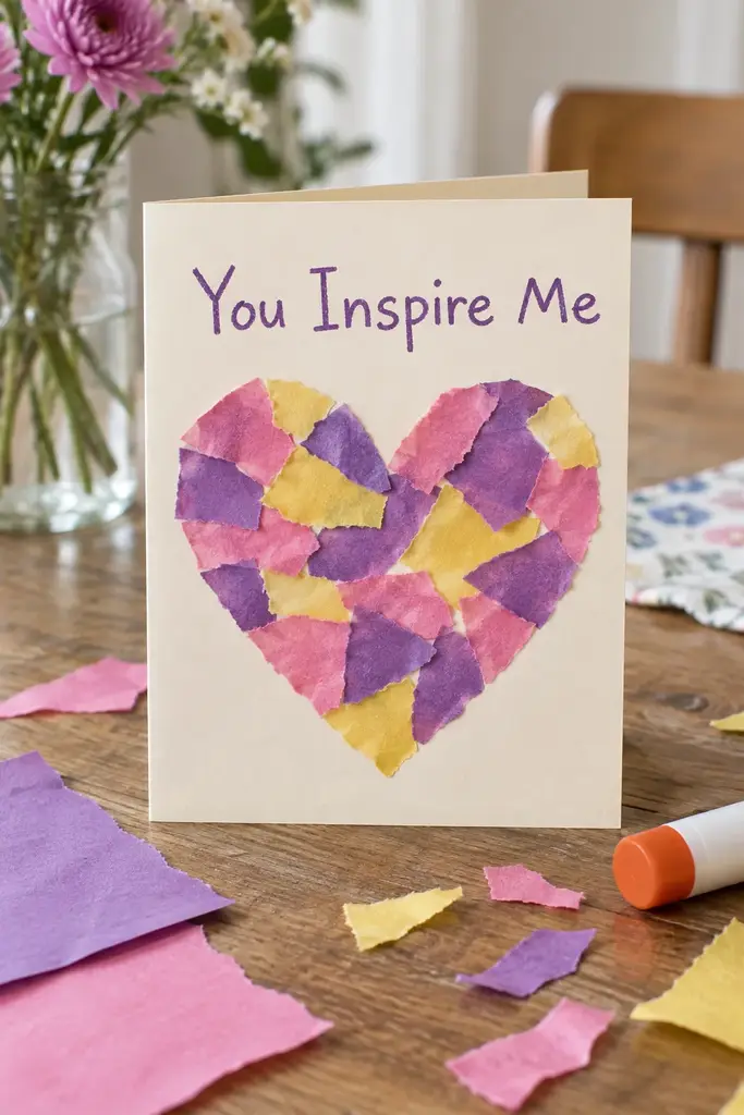 Preschool heart collage card filled with torn purple, pink and yellow paper reading You Inspire Me