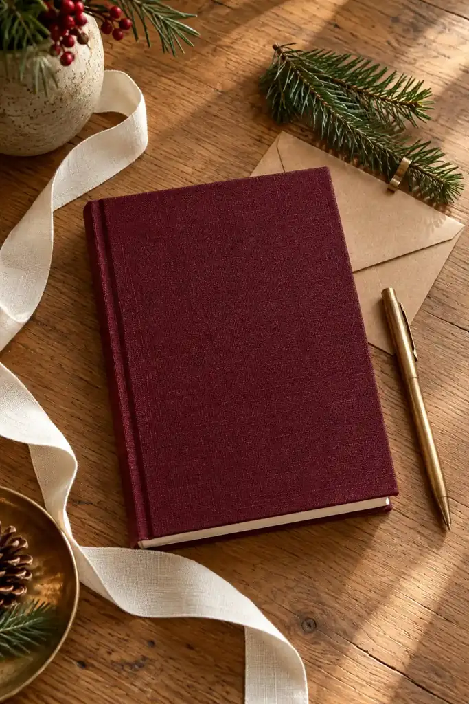 Deep red cloth bound journal and a brass pen on a wooden desk with a kraft envelope and pine branches