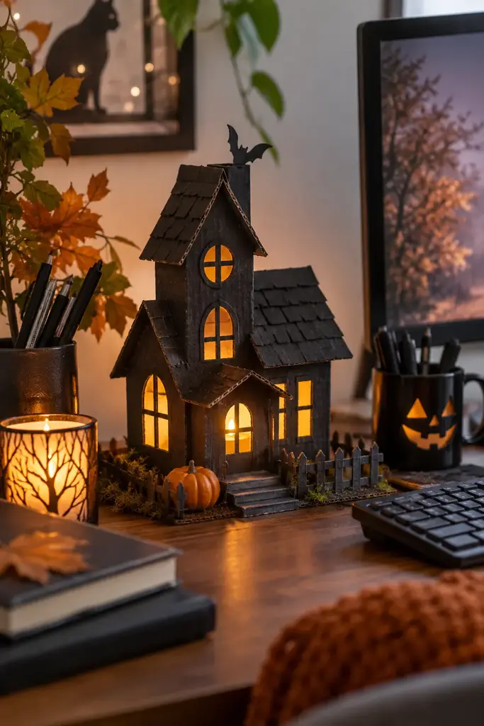 Small handmade cardboard haunted house with warm LED windows beside a keyboard