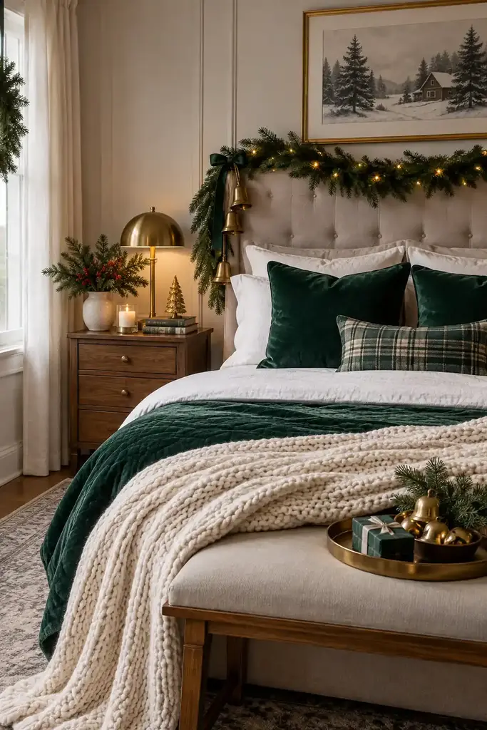 Dark green cushions repeat the evergreen garland above the upholstered headboard