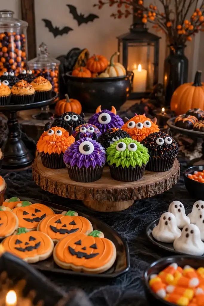 Halloween dessert bar with colorful monster cupcakes with candy eyes and pumpkin cookies