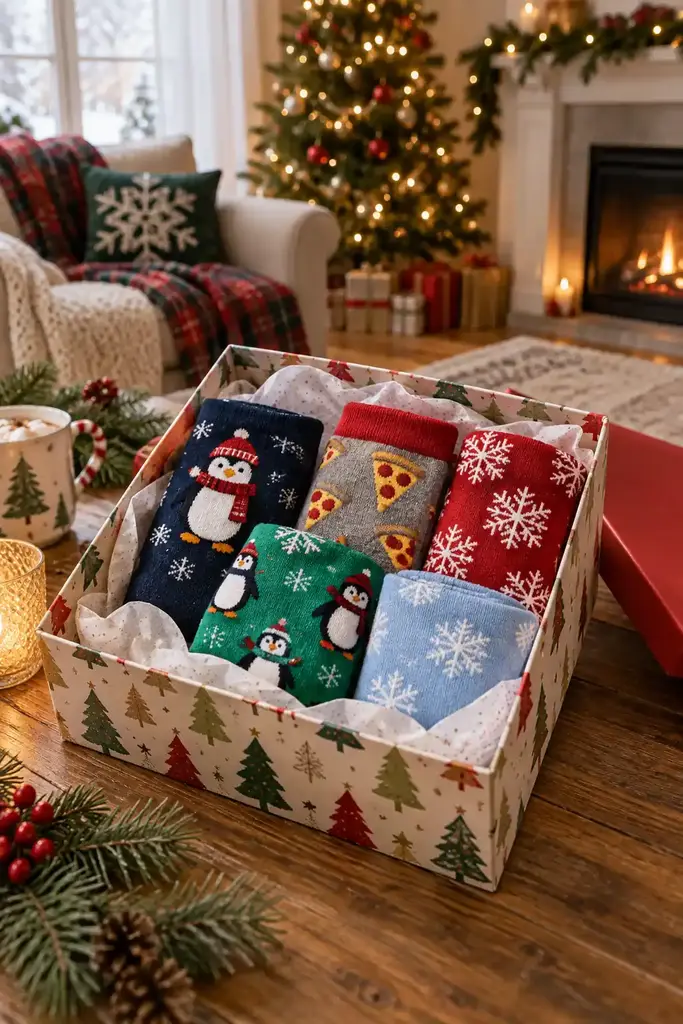 Gift box of novelty socks with penguin, pizza and snowflake patterns
