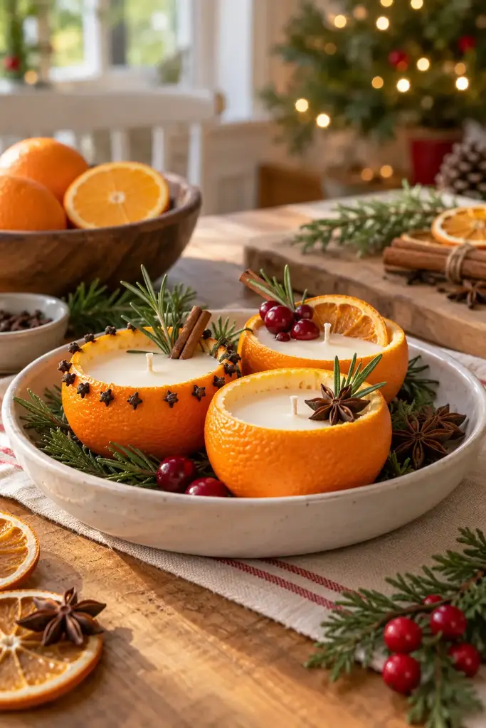 Orange peel candle in a ceramic dish
