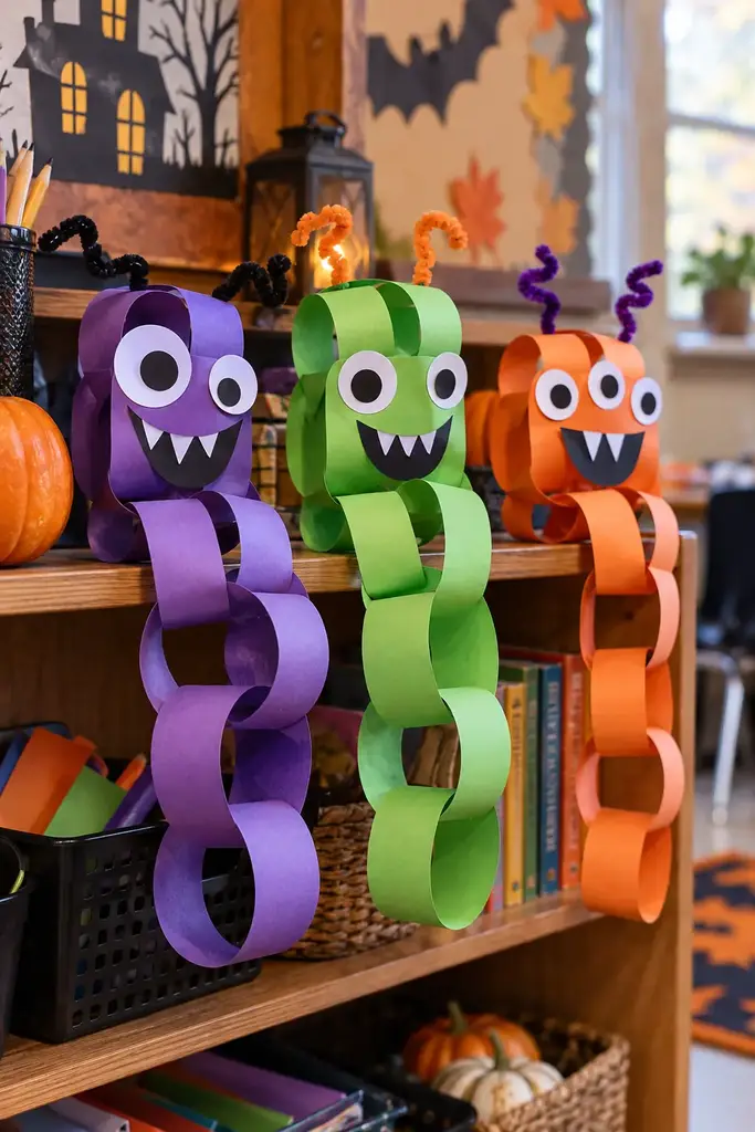 Purple, green and orange paper chain monsters with funny paper eyes on a classroom shelf