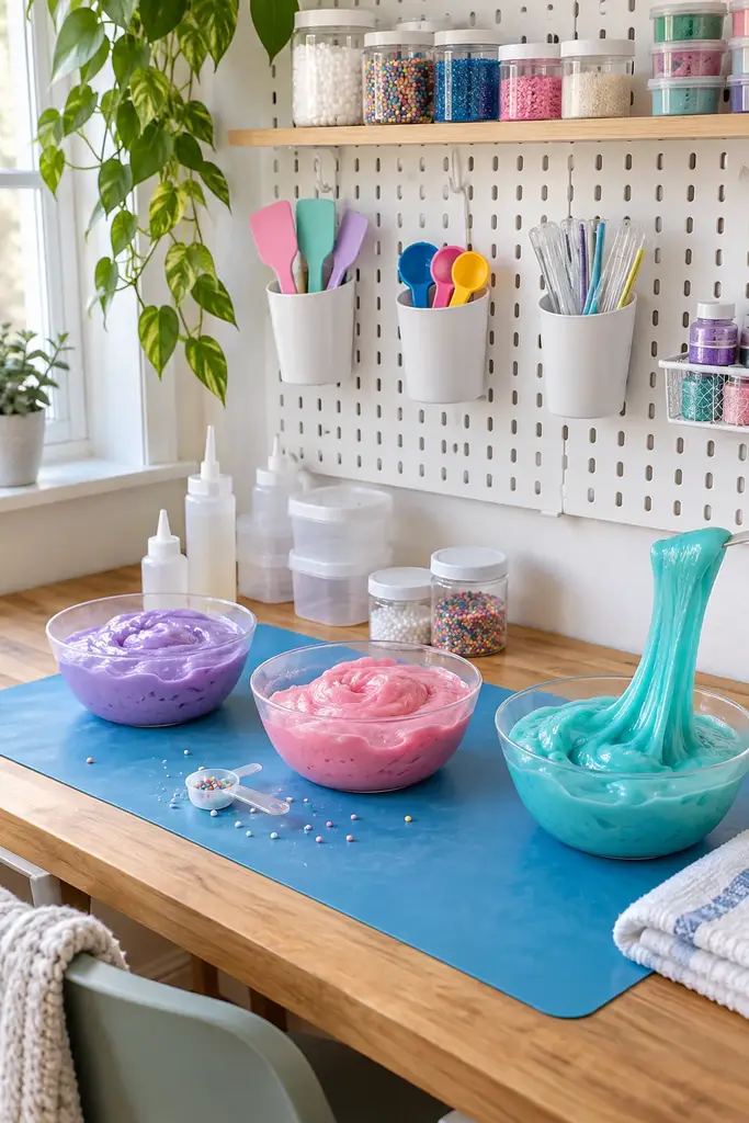 Pegboard slime corner with hanging tools, small baskets and a desk with slime bowls below