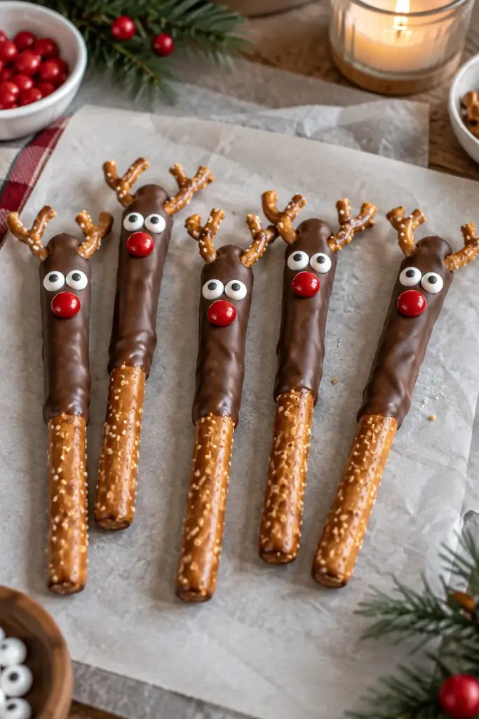 Chocolate covered pretzel rod reindeer with broken pretzel antlers, candy eyes and red candy noses
