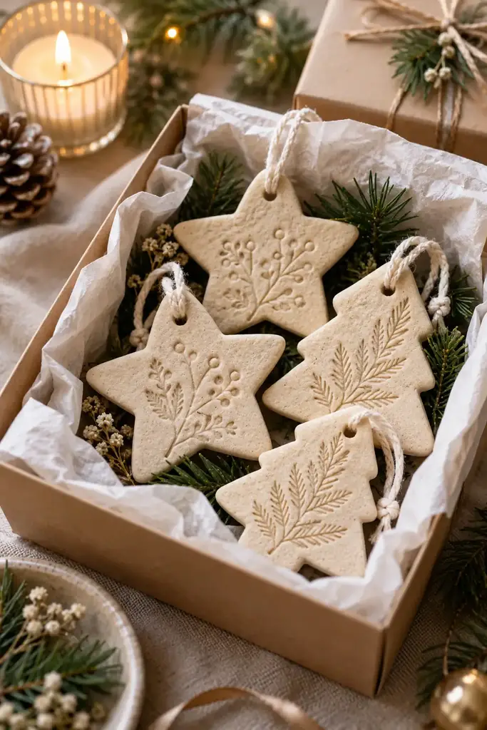 White salt dough star and tree ornaments with pressed leaf patterns in a kraft gift box