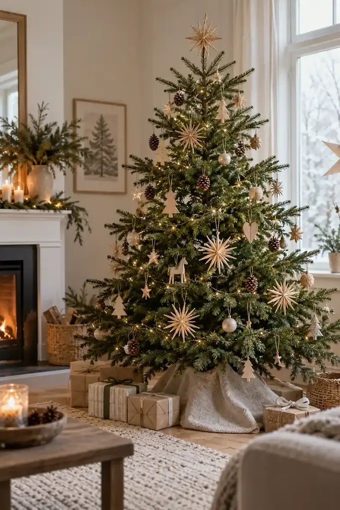 Wooden shapes and straw stars decorate a green tree above a pale fabric skirt