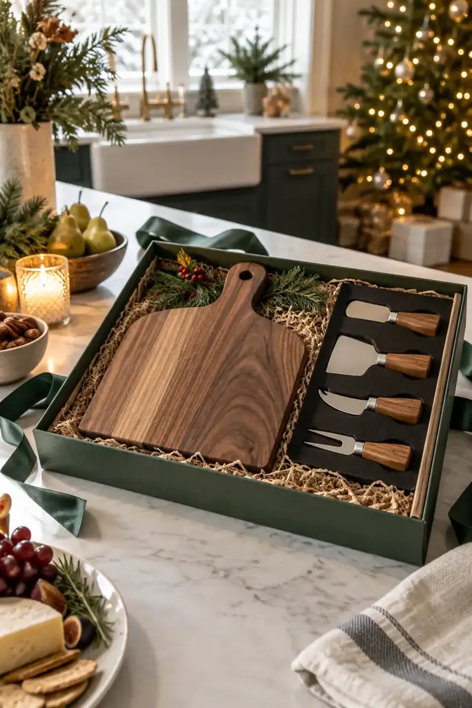 Walnut paddle serving board with four cheese knives in an open green gift box