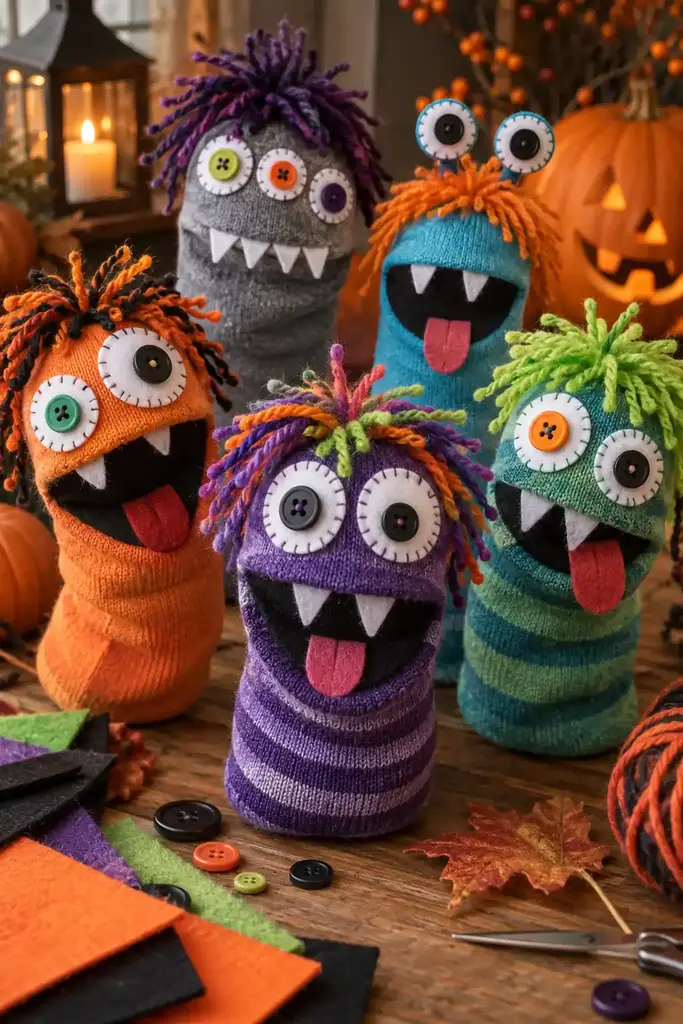 Colorful handmade sock monster puppets with felt mouths, yarn hair and big stitched eyes