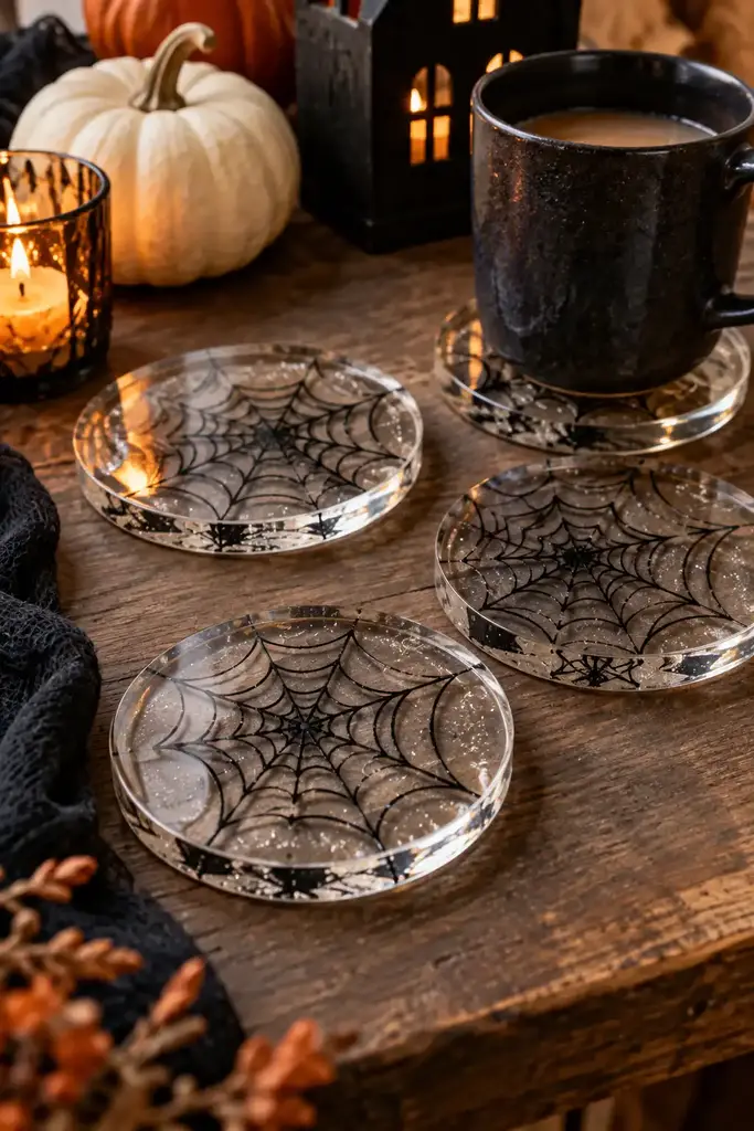 Clear resin coasters with fine embedded black spiderweb patterns