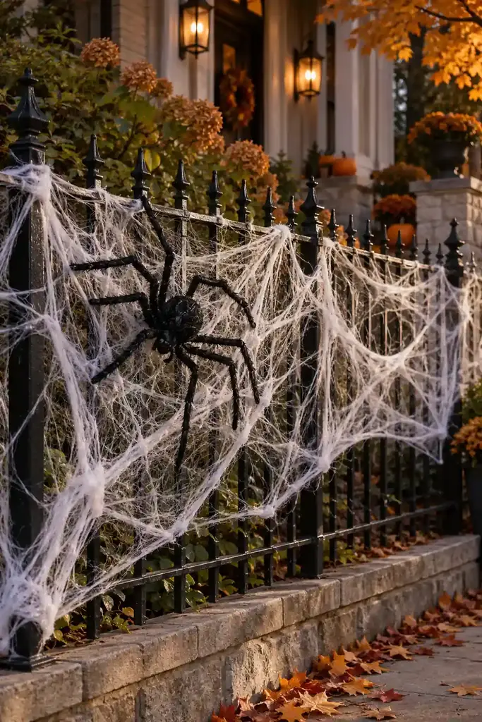 Black metal front fence with large white faux spiderwebs and one oversized decorative spider