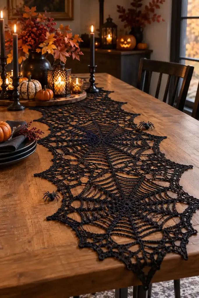 Black crochet spiderweb lace table runner over a wood dining table