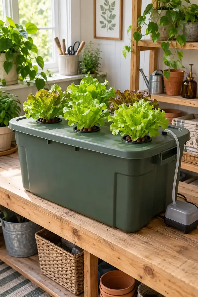 Dark sage storage tote hydroponic lettuce garden with six net pots in the lid and an air pump on a shelf