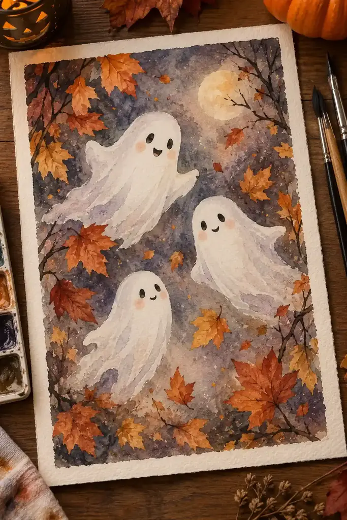 Watercolor painting of three friendly white ghosts floating among autumn leaves