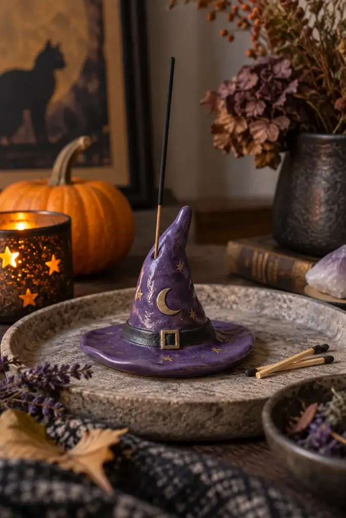 Handmade purple clay witch hat incense holder on a stone tray