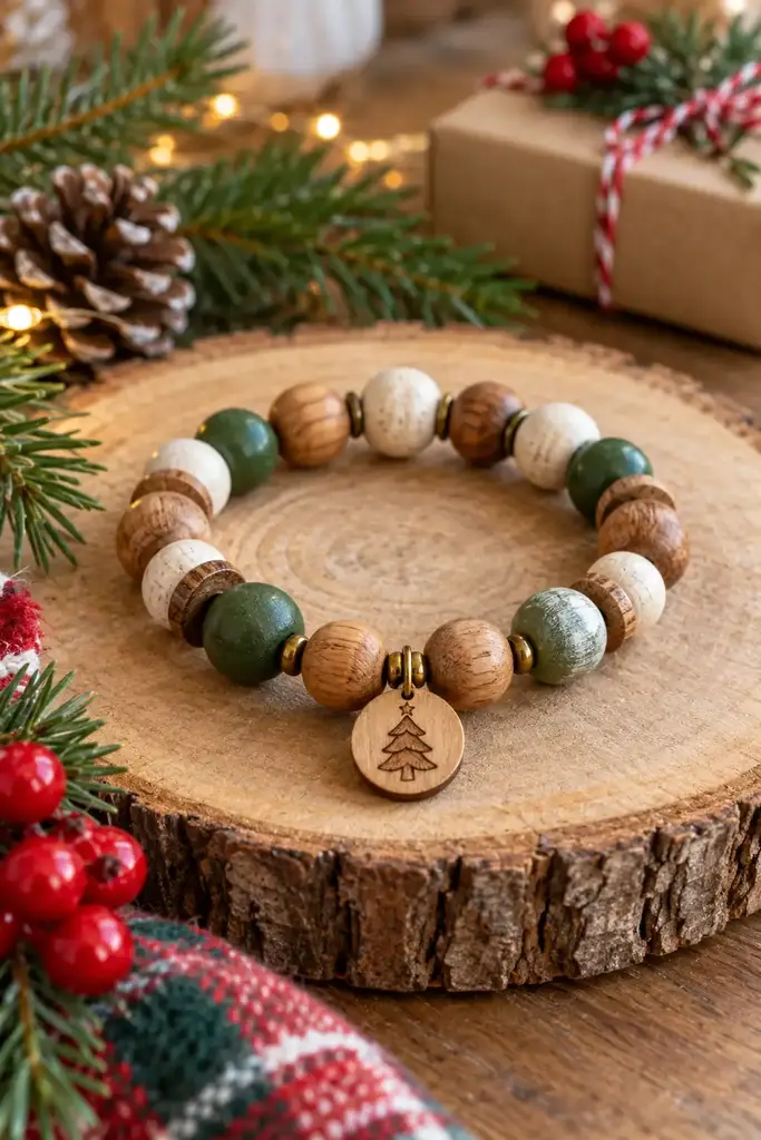 Wood bead rustic Christmas bracelet