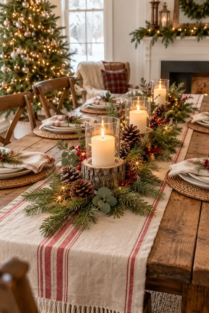 Linen centerpiece on a wood dining table
