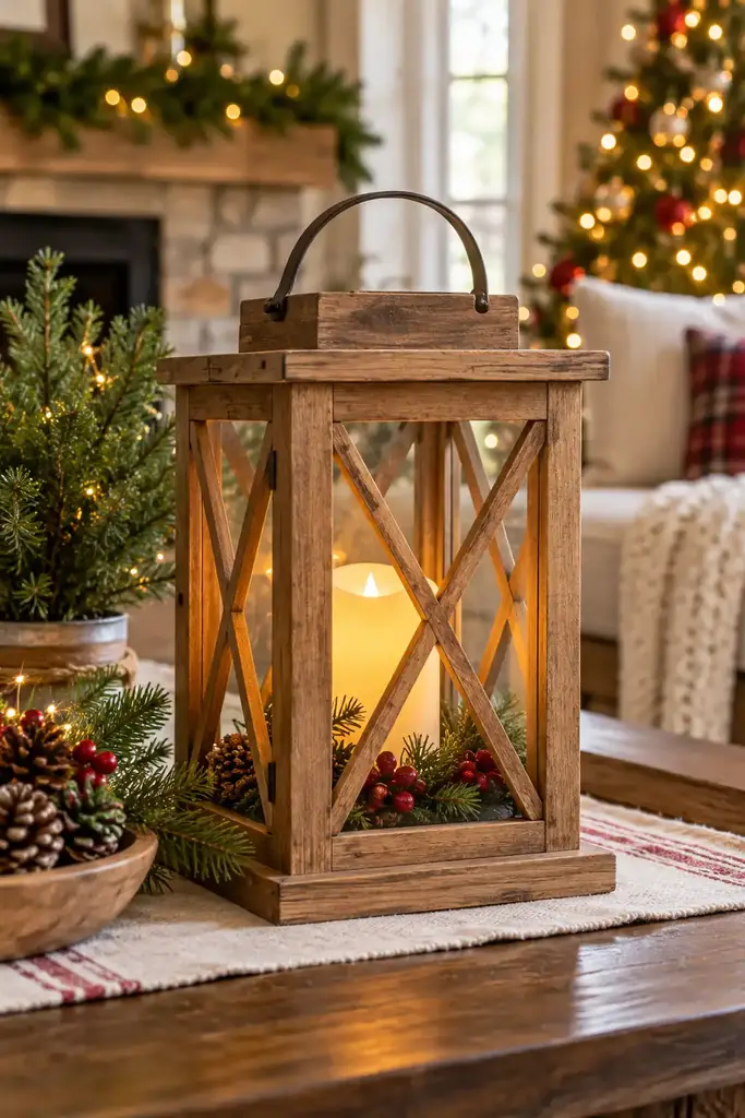 Wooden candle lantern with LED light