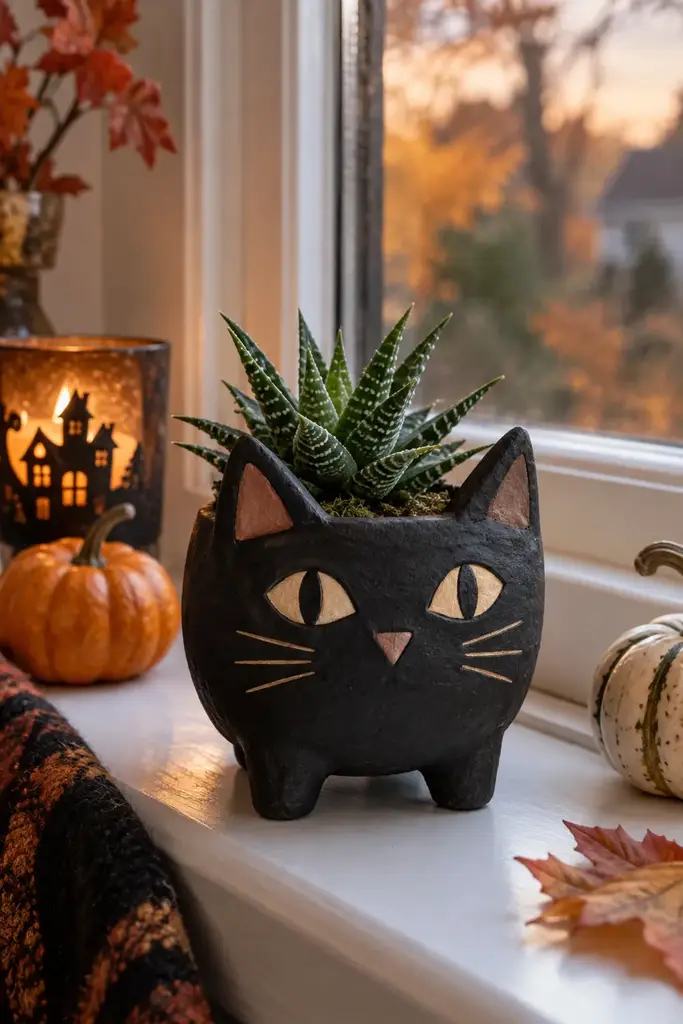 Small hand formed black clay cat planter with pointed ears and a succulent on a windowsill